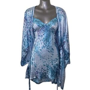 Victoria's Secret L Blue Leopard Satin Slip Dress & Robe Lingerie Set Lace Trim
